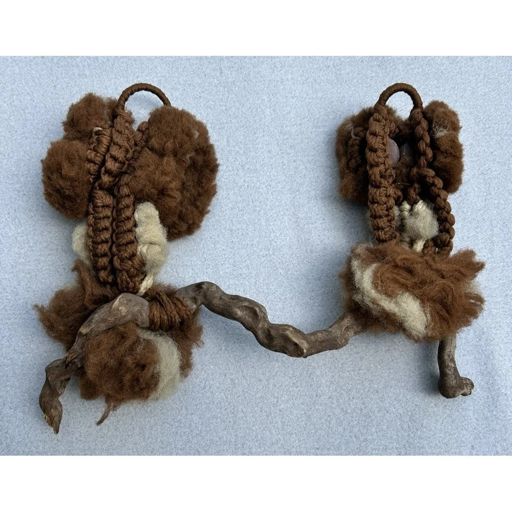 VTG Macrame Owls Perched on Wood Wall Hanging Wood Fluffy 70's MCM Brown